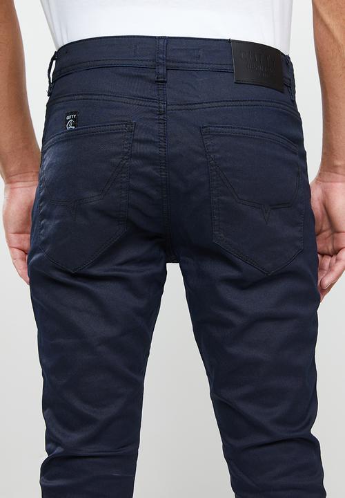 Cutty - Mens skinny fit coated biker denim jean - blue black
