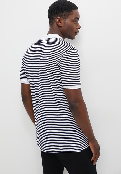 Lark & Crosse - Fine striped logo golfer white & navy