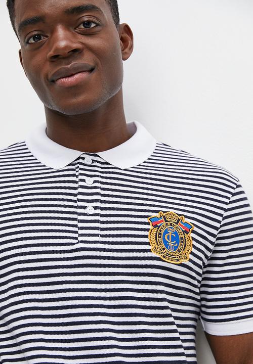 Lark & Crosse - Fine striped logo golfer white & navy