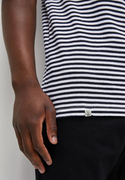 Lark & Crosse - Fine striped logo golfer white & navy