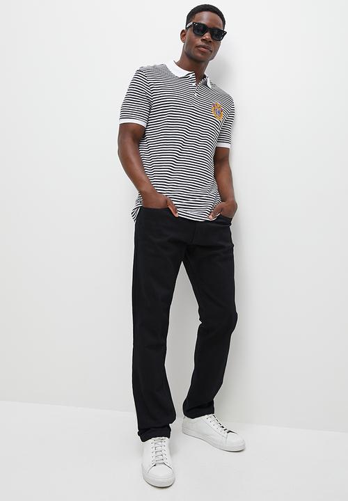 Lark & Crosse - Fine striped logo golfer white & navy