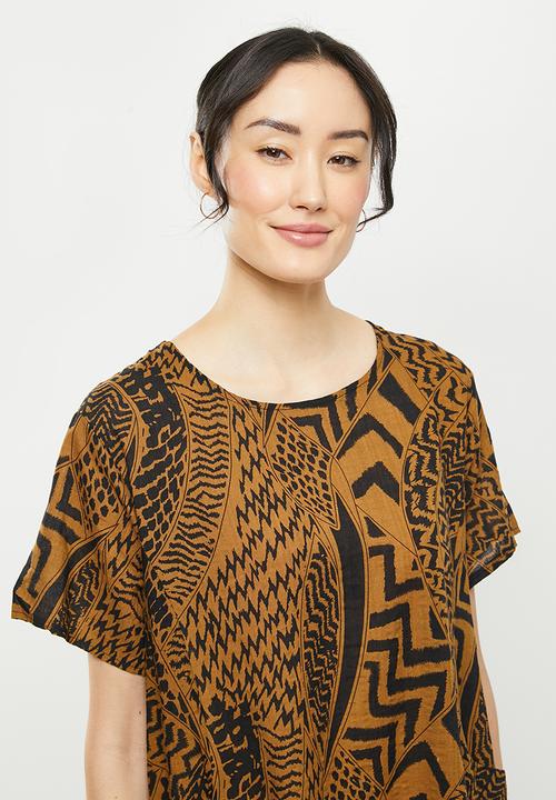 Stella Morgan - Zig zag printed loose fit shift dress - black & brown 