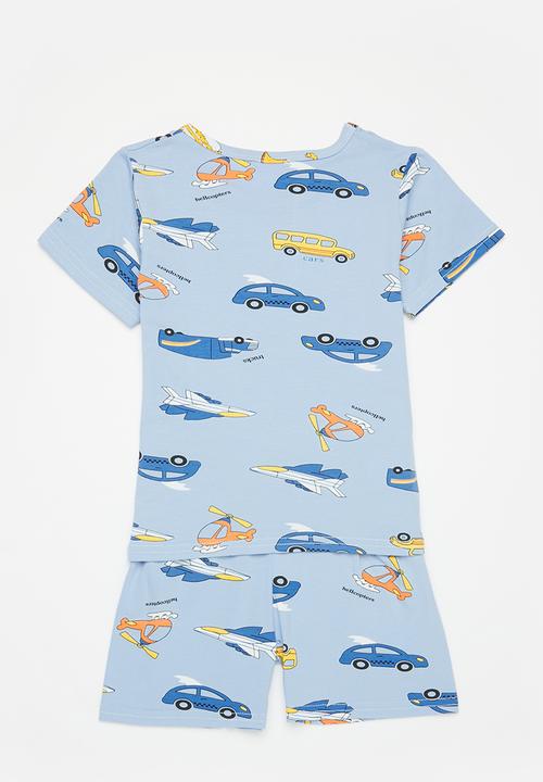 Pop Candy - Boys automotive printed tee & shorts pj set - blue