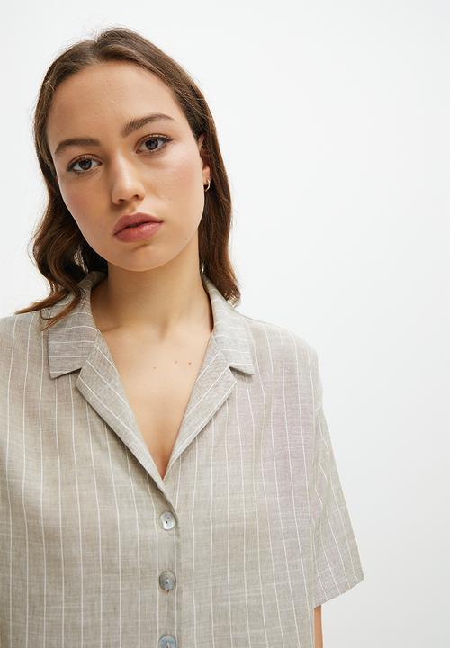 Blake - Oversized Crop Shirt - natural stripe