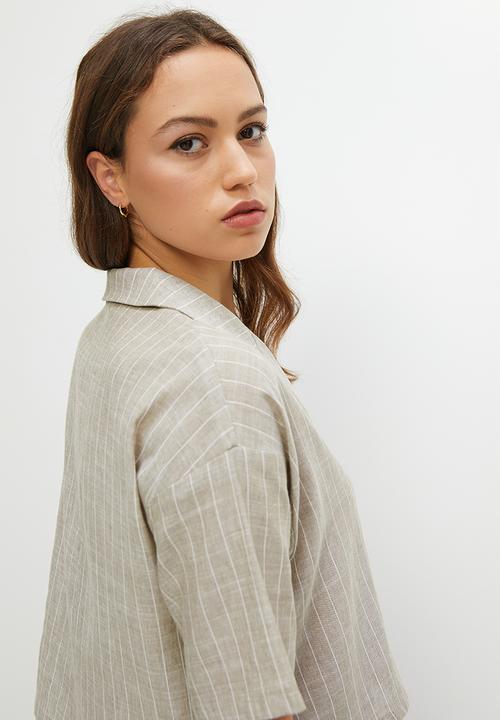 Blake - Oversized Crop Shirt - natural stripe