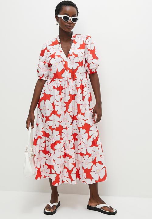 Superbalist - Printed tiered midi  dress - red daisy