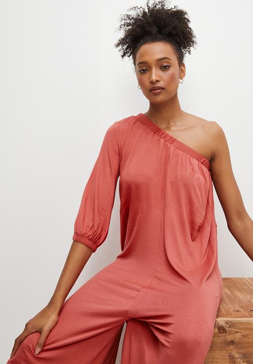 edit - One shoulder knit wide leg jumpsuit - terracotta
