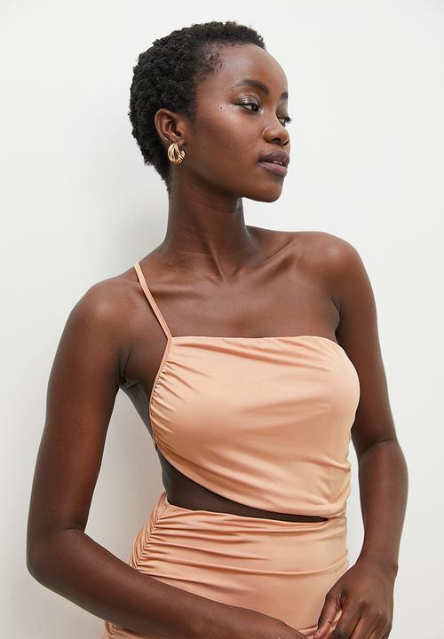 VELVET - Asym ruched bodycon dress with cut out - clay