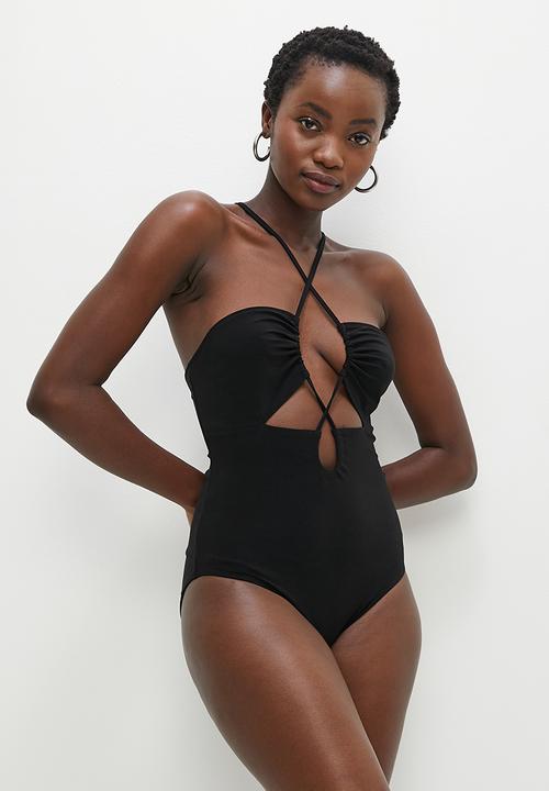 VELVET - Strappy cutout bodysuit with drawstring detail - black