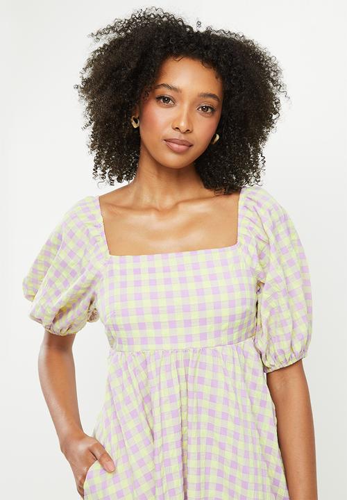 Me&B - Babydoll side pocket shirring back midi dress - lilac & yellow 