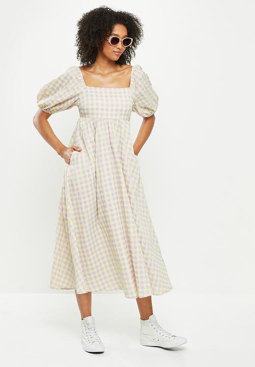 Me&B - Babydoll side pocket shirring back midi dress - lilac & yellow 