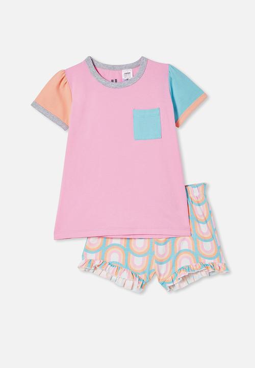 Cotton On - Freya short sleeve pyjama set - cali pink/colour block rainbows