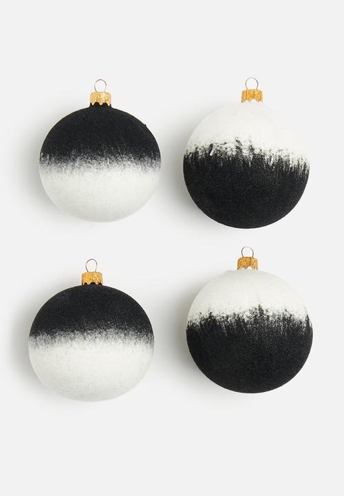 H&S - Flocked christmas baubles set of 4 - black & white