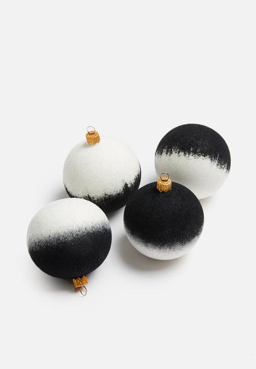 H&S - Flocked christmas baubles set of 4 - black & white