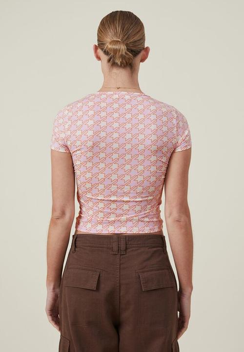 Cotton On - Drew crew neck short sleeve top - ginny houndstooth sweet mauve