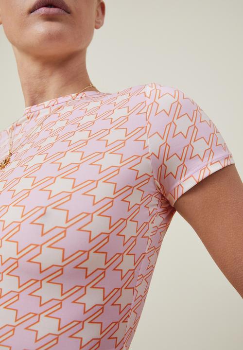 Cotton On - Drew crew neck short sleeve top - ginny houndstooth sweet mauve