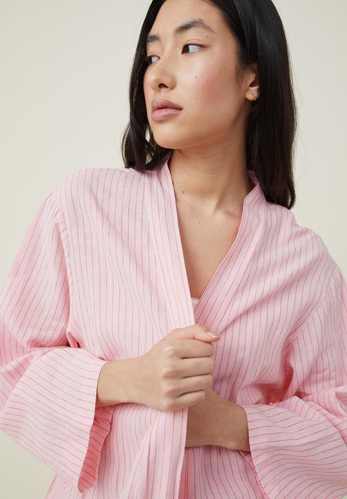 Cotton On - Linen blend sleep robe - pink orange pinstripe