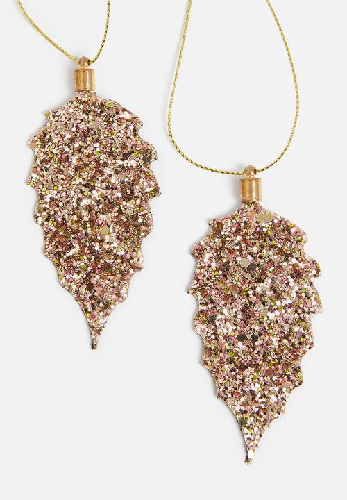 H&S - Leaf glitter hanging decoration set of 4 - champagne