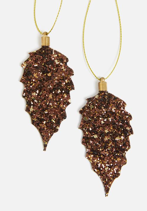 H&S - Leaf glitter hanging decoration set of 4 - copper