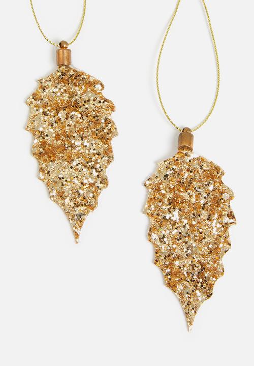 H&S - Leaf glitter hanging decoration set of 4 - gold