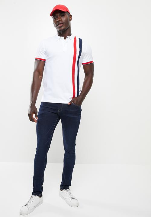 POLO - Men double stripe golfer - white