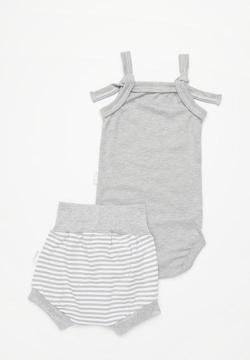 Little Lumps - Strappy onesie & shorts - grey stripe