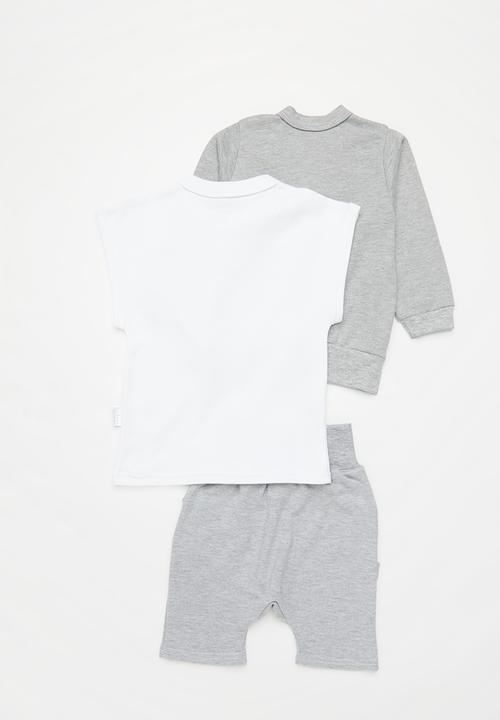 Little Lumps - 3 pack cardigan, shorts & T-shirt - grey & white