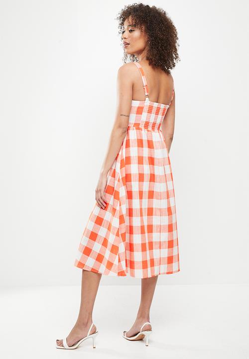 Me&B - Panelled corset linen check dress - orange & milk