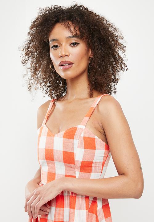 Me&B - Panelled corset linen check dress - orange & milk