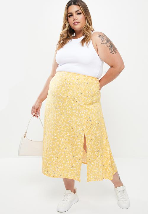 Trendyol - Plus print slit detail skirt - yellow