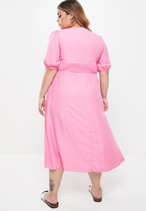 Me&B - Plus button empire bamboo plain tea dress - sugar pink