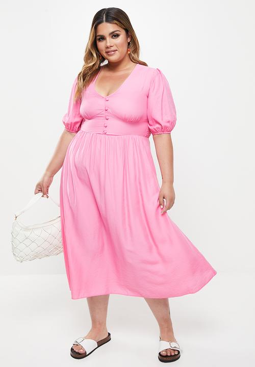 Me&B - Plus button empire bamboo plain tea dress - sugar pink