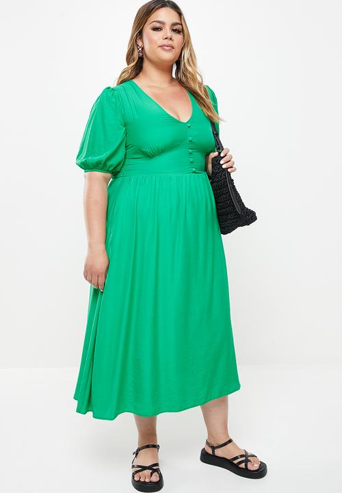 Me&B - Plus button empire bamboo plain tea dress - grass green