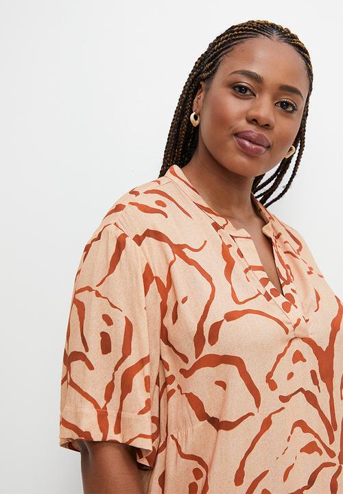 edit Plus - Mandarin collar tunic - rust scribble