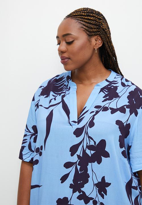edit Plus - Mandarin collar tunic - blues sillhouette floral