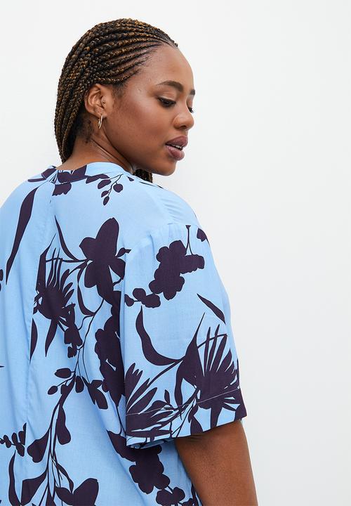edit Plus - Mandarin collar tunic - blues sillhouette floral