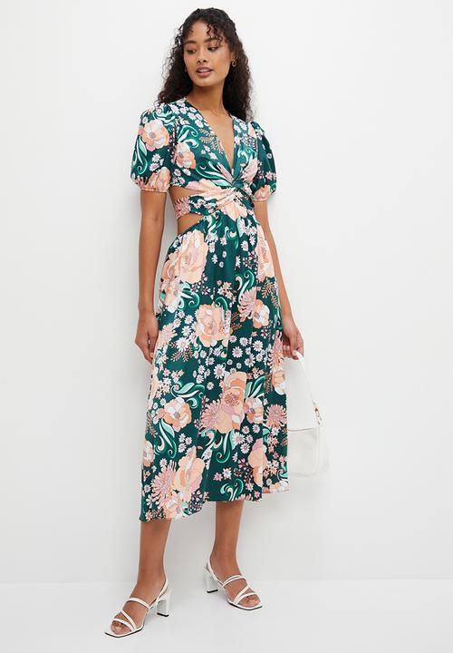 MILLA - Printed satin wrapover midi dress - emerald bloom