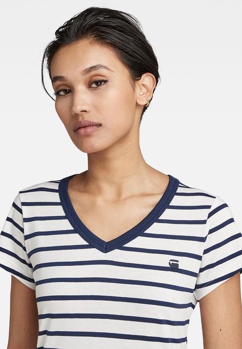 G-STAR - Eyben stripe slim short sleeve v t - milk/sartho blue stripe