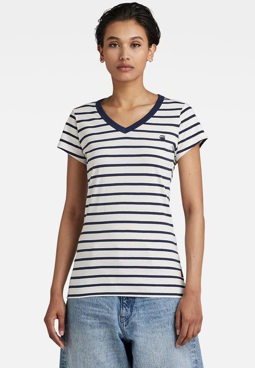 G-STAR - Eyben stripe slim short sleeve v t - milk/sartho blue stripe