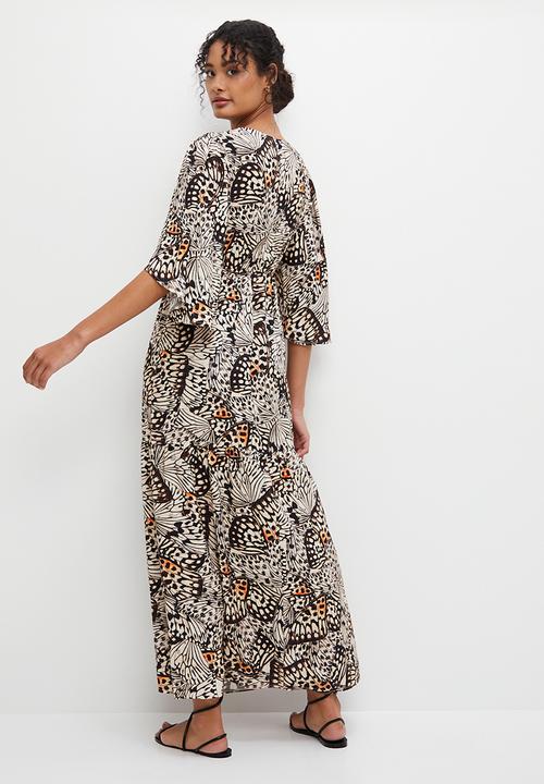 edit - Mock wrap flare sleeve border maxi - black & neutral