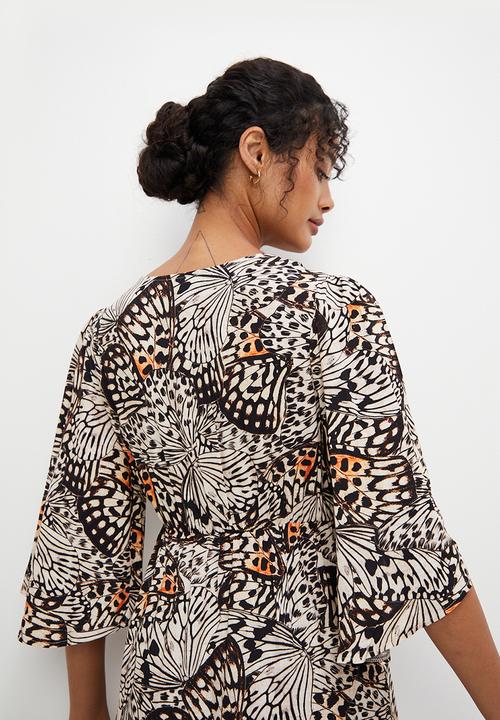 edit - Mock wrap flare sleeve border maxi - black & neutral