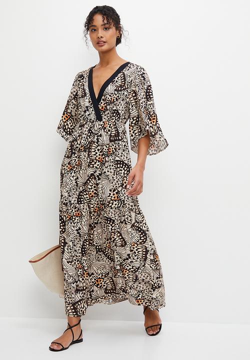 edit - Mock wrap flare sleeve border maxi - black & neutral