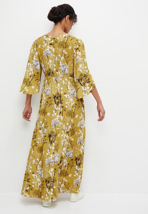 edit - Mock wrap flare sleeve border maxi - mustard 