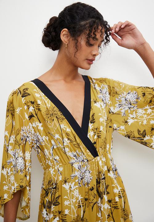 edit - Mock wrap flare sleeve border maxi - mustard 