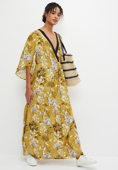 edit - Mock wrap flare sleeve border maxi - mustard 