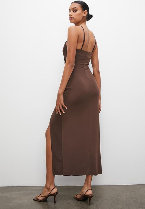 VELVET - Midi cowl neck dress with drape detail - choc