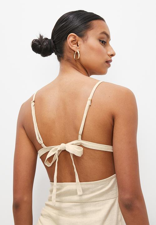 VELVET - Open back gathered linen blend midi - neutral
