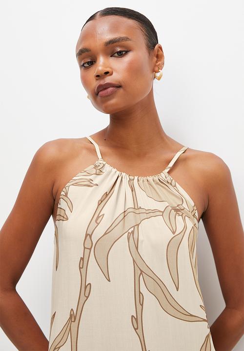edit - Ruched neck maxi - neutrals leaf print
