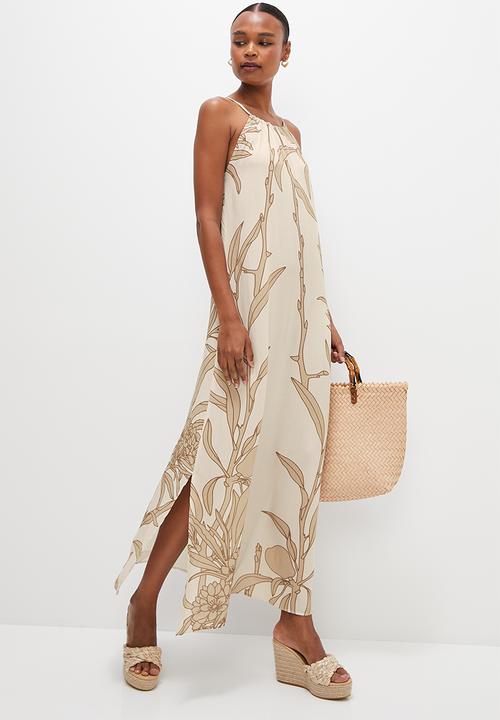 edit - Ruched neck maxi - neutrals leaf print