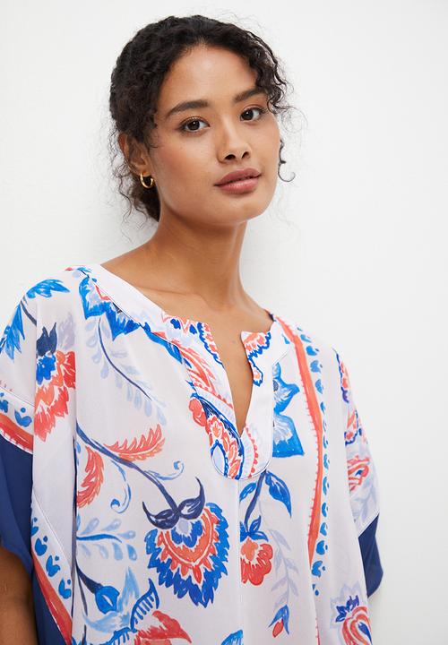 edit - Print mix kaftan shell - red oriental